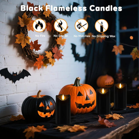 Black Flameless Pillar Candles Set of 2, 6×3 Inch Real Wax LED Candles with Remote, Timer & Dimmable Flickering Light