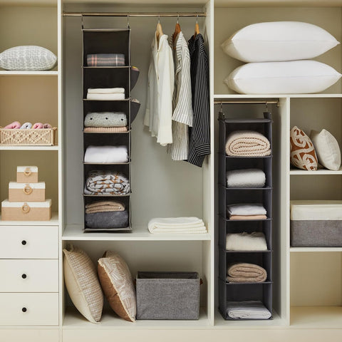YOUDENOVA Hanging Wardrobe Organiser, 6 Shelves with Side Pockets, Grey – Make Every Shelf Count