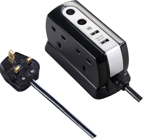 Masterplug Heavy Duty Four Socket Surge Protected Extension Lead with 2 USB Ports, 1 Metre, Black