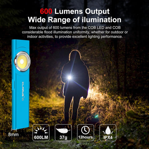 Blue flashlight with 600 lumens output in a dark outdoor setting