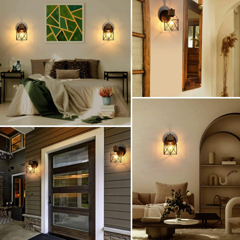 Industrial Wooden Wall Light 2PCS Adjustable Metal Cage Sconces