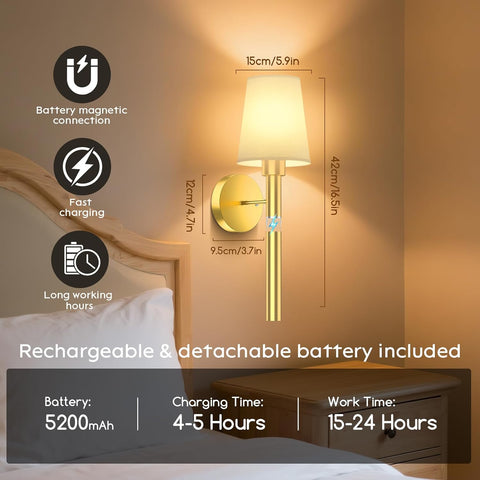 Battery Operated Wall Lights Set of 2, Magnetic Detachable & Rechargeable Battery, Indoor Wireless Wall Sconces Set of 2 for Bedrooms Cordless Sconce Wall Lamp Remote Control