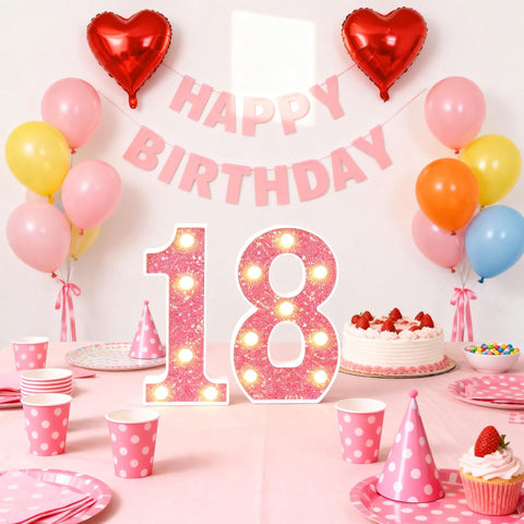Pink LED Number 18 Marquee Light Decoration