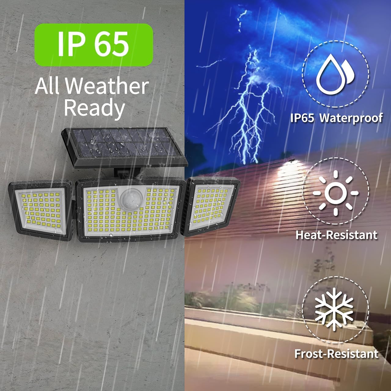 Solar flood lights with IP65 weather resistance rating, shown in rain and indoor settings.