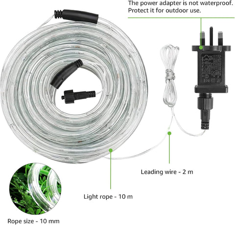 LED light rope kit with power adapter and leading wire on a white background