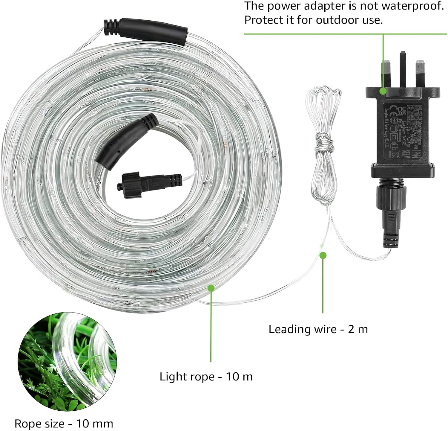 LED light rope kit with power adapter and leading wire on a white background