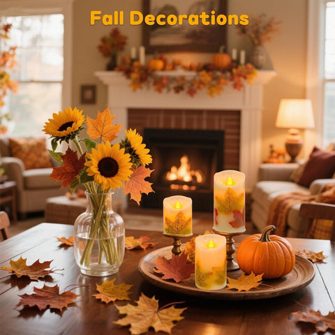 Halloween Flickering Flameless Candles, Set of 3 Candle Lamp with Remote Maple Leaf Battery Operated LED Candle with Timer, Real Wax Pillar Candles Lights Decor for Halloween Fall Thanksgiving Home