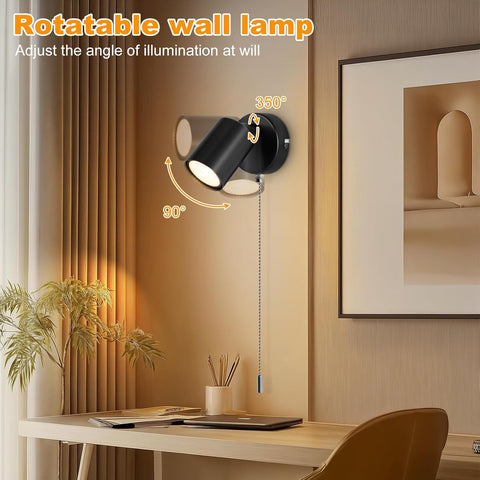 Adjustable Indoor Wall Lamp - GU10 Modern Wall Lights for Living Room - with Pull Cord Switch - Black Wall Spotlight Fixtures - Wall Sconces for Bedroom Bedside Hallway - Bulb Not Included