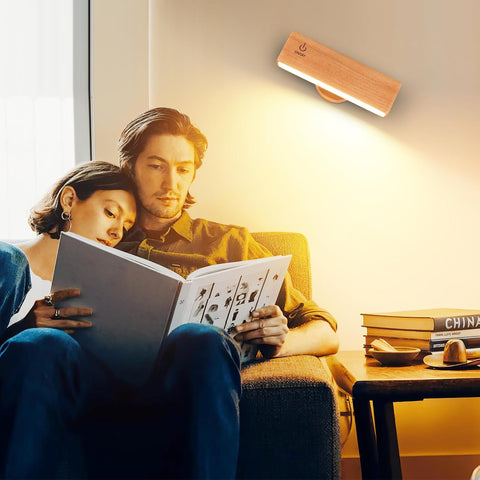 Battery Operated Magnetic Light 2 Pack, Rechargeable Wood Wall Sconce Indoor with 360°Rotation, Wireless Lamp with Stepless Dimmable & Touch Control for Bedroom