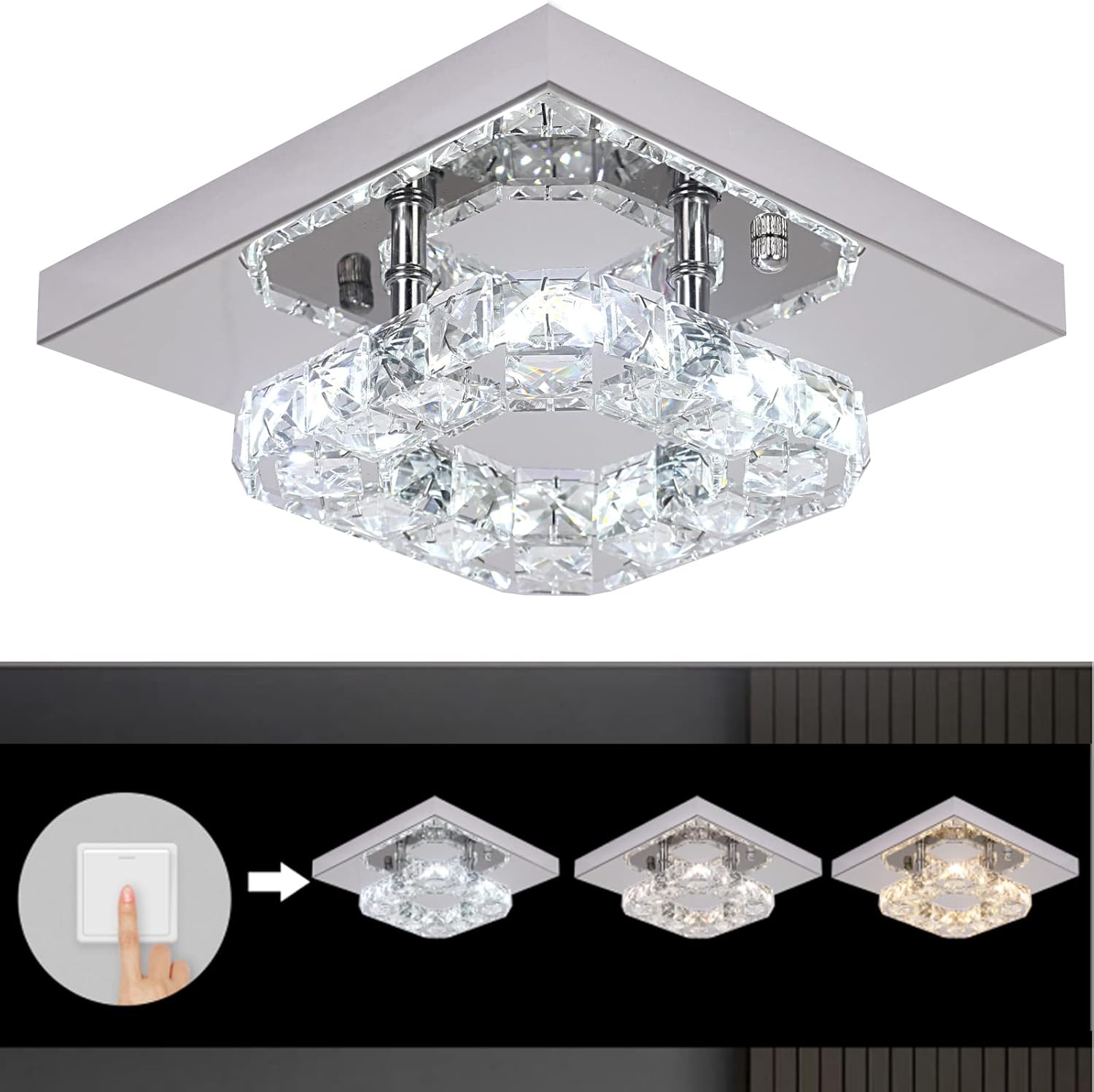 Ceiling light fixture with crystal design and color change options.