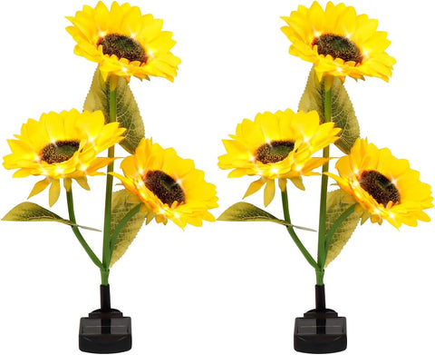 Solar Sunflower Stake Lights Outdoor Garden – Pack of 2 Decorative Solar Garden Lights with 3 Sunflower Heads, Warm White LEDs, Solar Powered Garden Ornaments