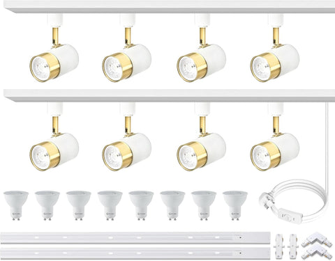 Set of 10 white and gold track lights with accessories on a white background