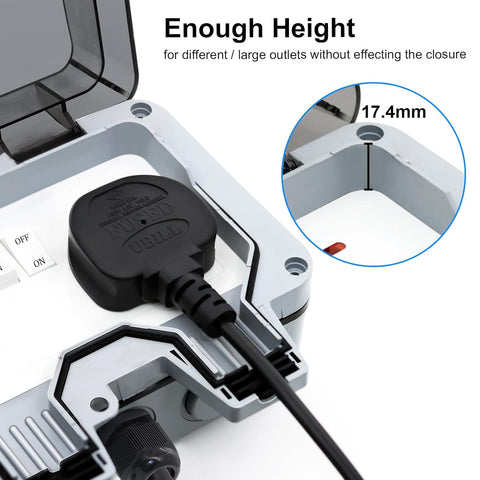 Electrical outlet cover with a plug inserted, showing sufficient height for large outlets.