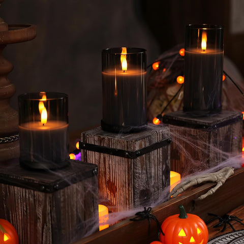 Real Wax LED Candles Flickering, Clear Glass Shell, Grey, Set of 3 500+ Hours Long Lasting Gothic Battery Operated Candles with Remote Control, Timer and Realistic 3D Wick for Halloween Party