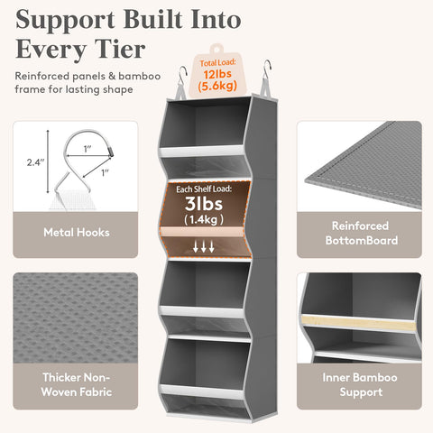 Lifewit 4-Tier Hanging Wardrobe Storage Organiser – Grey Foldable Closet Shelves with Clear PVC Window