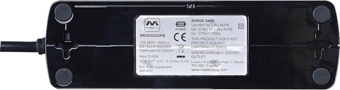 Masterplug Six Socket Switched Inline Power Surge Protected Extension Lead with Two USB Charging Ports, 2 Metres, Gloss Black