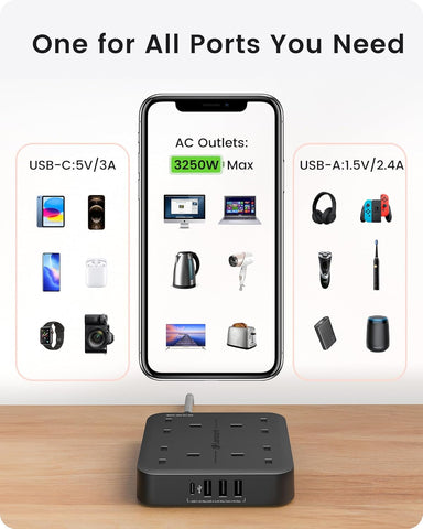 Extension Lead with USB C Port, 4 Way Outlets Power Strip with 1 USB-C and 3 USB Slots, Multi Power Plug Extension with 1.8M Braided Extension Cord for Home Office 3250W- Black