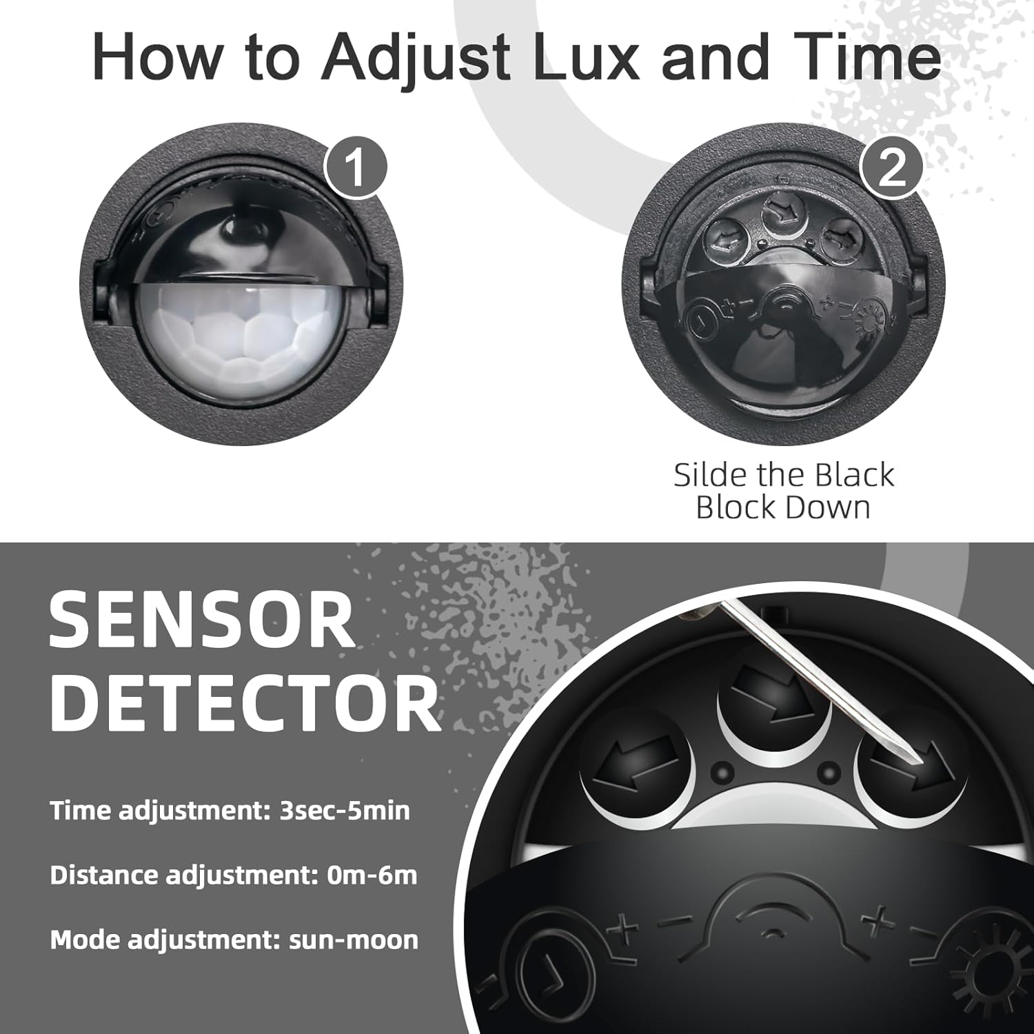 Instructions on how to adjust lux and time for a sensor detector with close-up views and text.