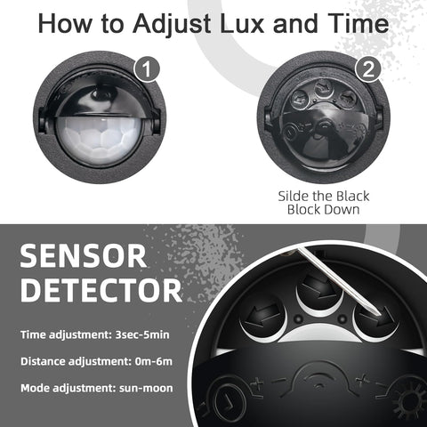 Instructions on how to adjust lux and time for a sensor detector with close-up views and text.