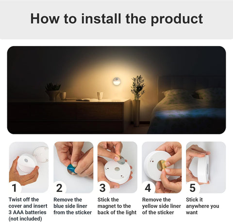 Battery Motion Sensor Night Lights Pack of 3 LED Stick-On Warm White