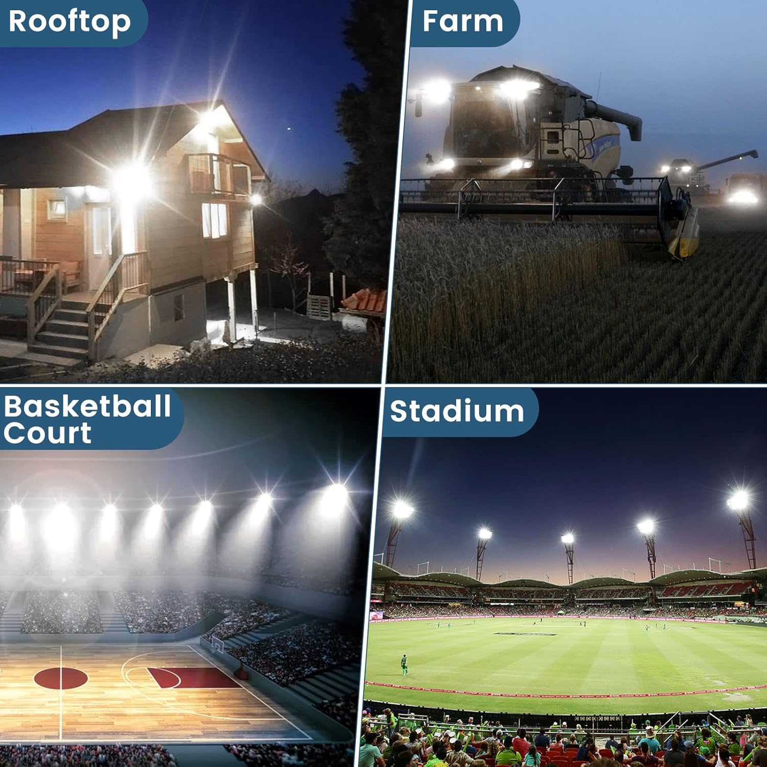 Collage of four different scenes labeled 'Rooftop', 'Farm', 'Basketball Court', and 'Stadium'.