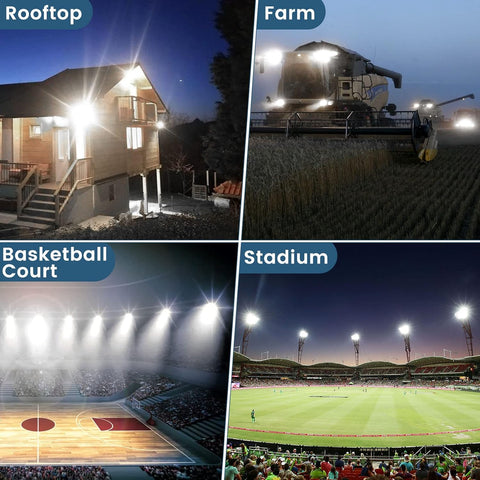 Collage of four different scenes labeled 'Rooftop', 'Farm', 'Basketball Court', and 'Stadium'.