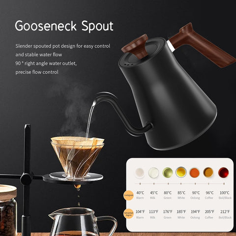 RHD Electric Gooseneck Kettle 0.9L – LCD Display, Real-Time Temp Control, 1200W Fast Heat, 304 Stainless Steel, Matte Black