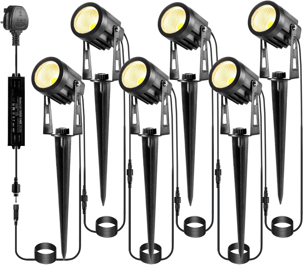 6 in 1 Garden Spot Lights Mains Powered, Upgraded Aluminium LED Garden Spike Lights, 21M Extendable 12V Low Voltage Outdoor Uplighters, IP65 Waterproof Path Lighting for Pathway Yard Lawn