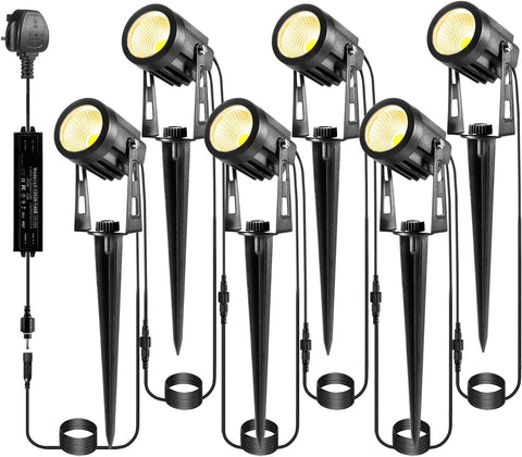 6 in 1 Garden Spot Lights Mains Powered, Upgraded Aluminium LED Garden Spike Lights, 21M Extendable 12V Low Voltage Outdoor Uplighters, IP65 Waterproof Path Lighting for Pathway Yard Lawn
