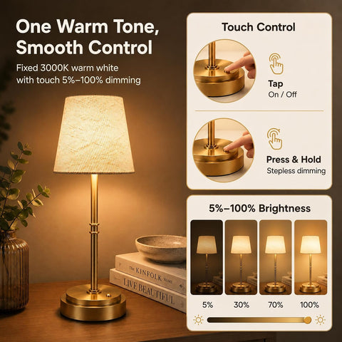Rechargeable Cordless Table Lamp, 6000mAh Dimmable LED Bedside Lamp, Gold Metal & Linen Shade, 3000K Warm White