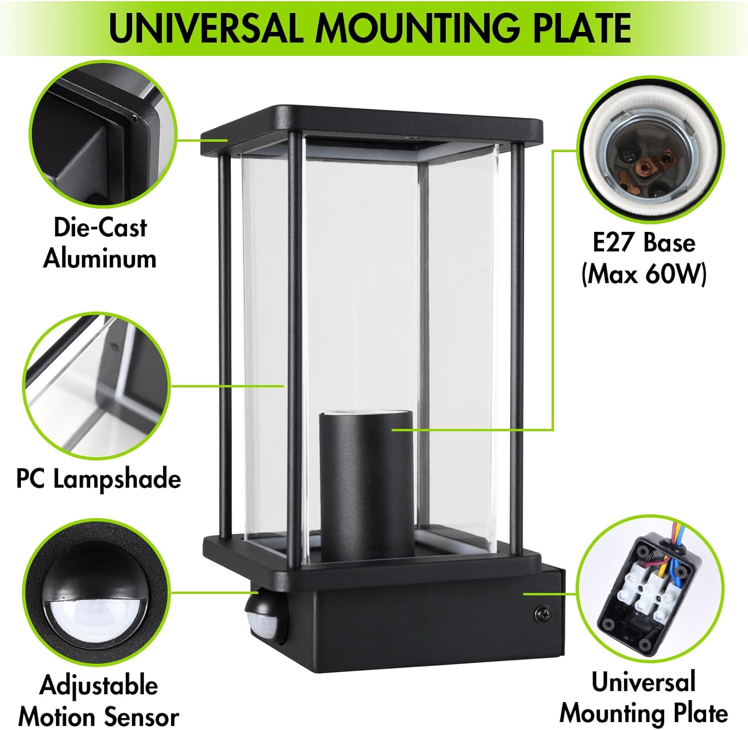 Black outdoor lamp with features highlighted on a white background
