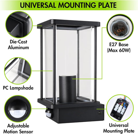 Black outdoor lamp with features highlighted on a white background