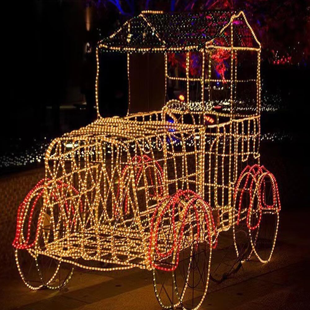 Decorative light display of a vintage car at night