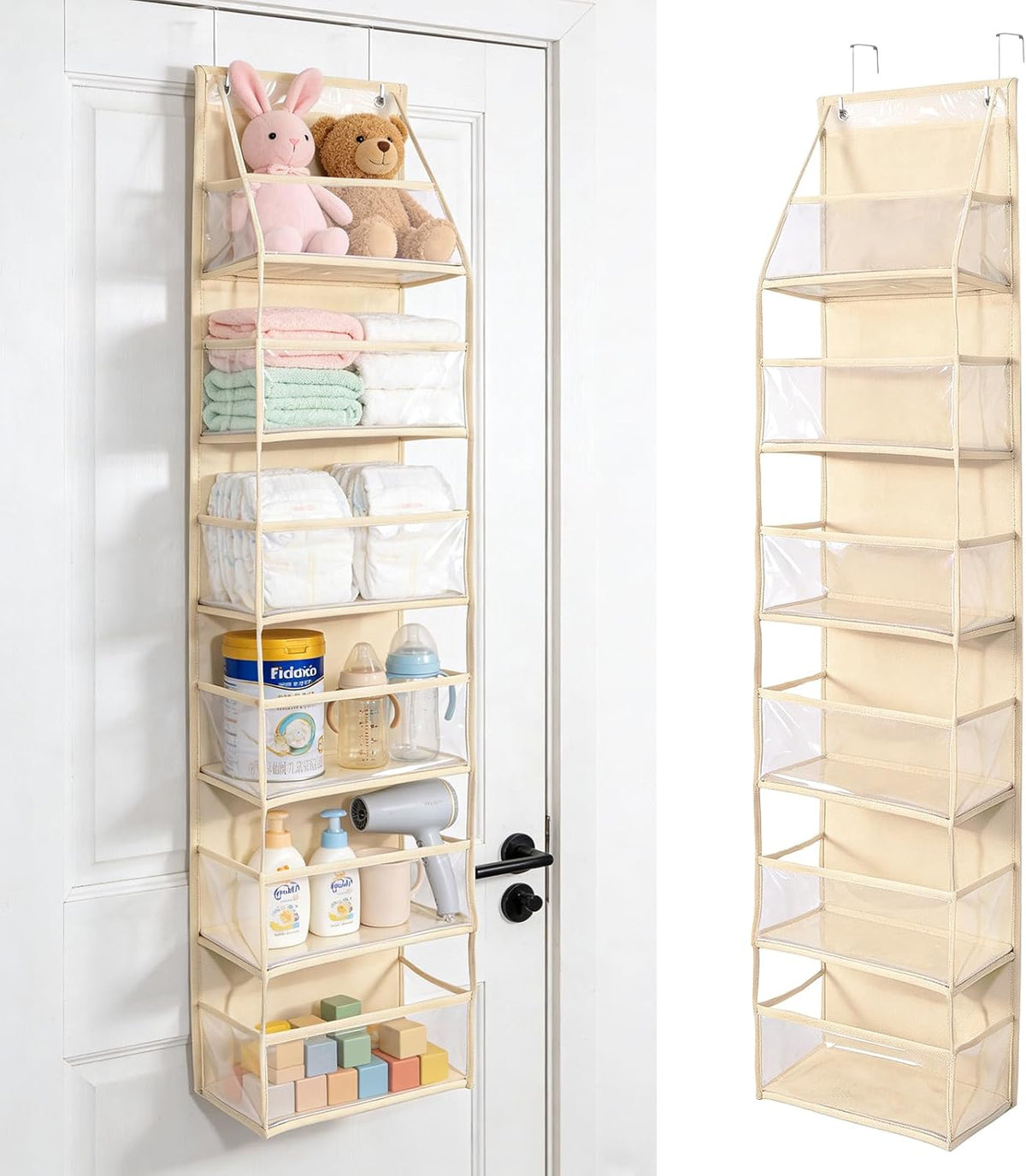 MOFASVIGI Over Door Storage Organiser, Beige – 6 Large Pockets with Clear PVC Windows for Space-Saving Home Organisation