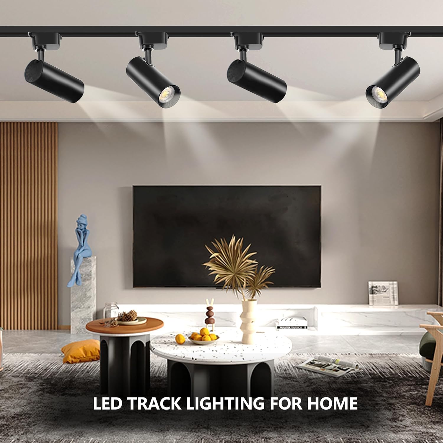Modern living room with LED track lighting fixture on ceiling