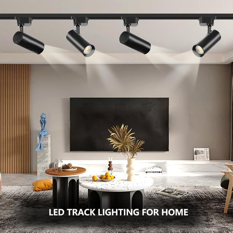 Modern living room with LED track lighting fixture on ceiling