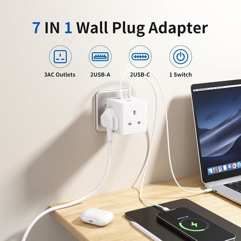 3-Way UK Plug Extension Socket with USB-A & USB-C Charging Ports – Compact Multi Plug Adapter with Safety Protection for Home, Office & Student Rooms – More Charging, Less Desk Clutter