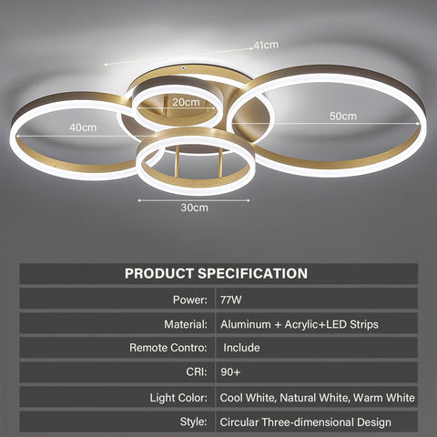 Ceiling light fixture with dimensions and product specifications on a gray background