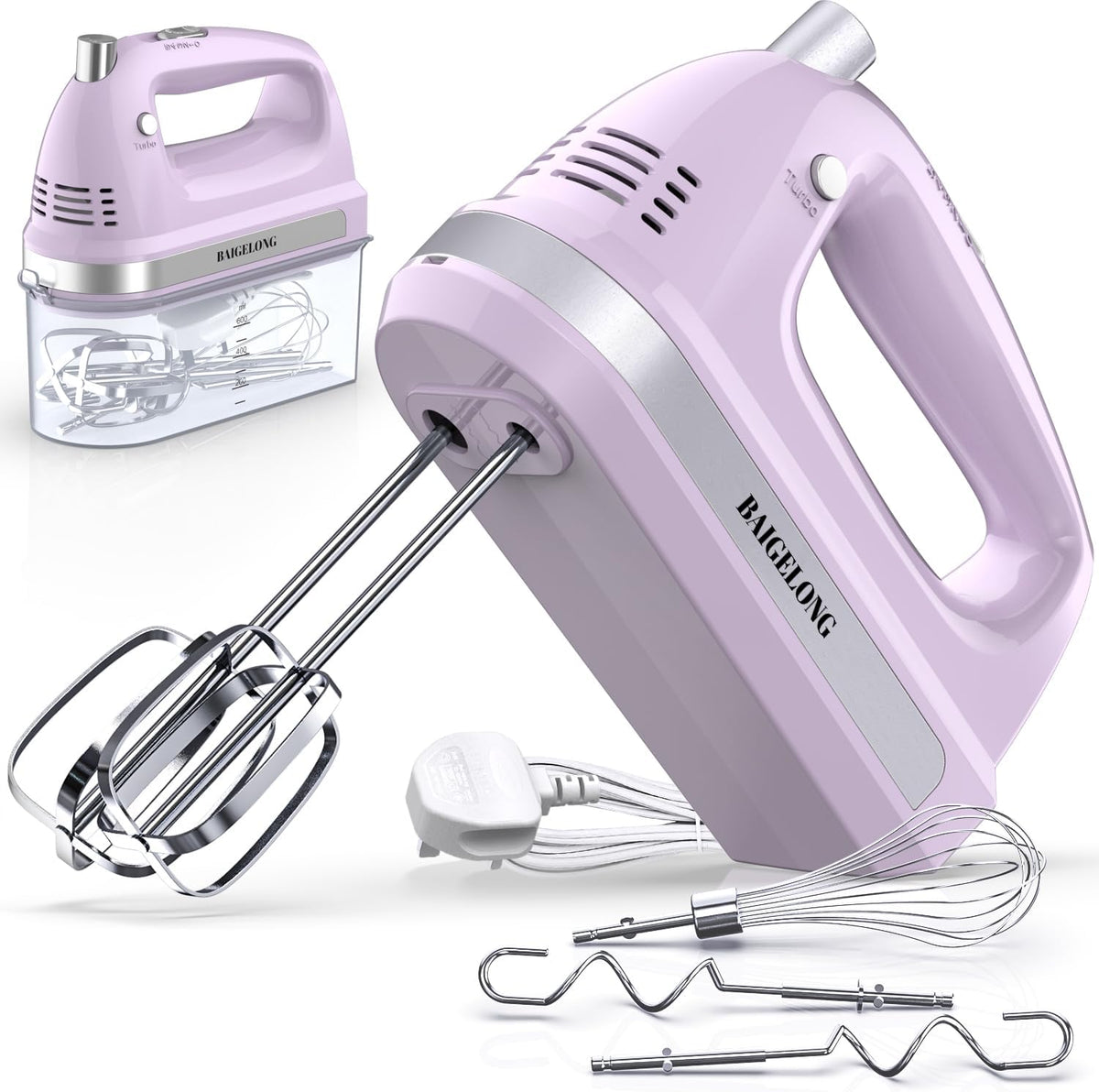Hand Electric Mixer 300W – 5-Speed Handheld Blender with Turbo & 5 Stainless Steel Attachments for Baking – Purple