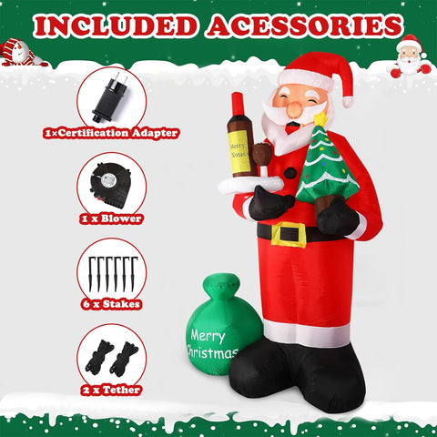 8FT Inflatable Santa Claus Holding Red Wine with Built-in LED Lights, Large Outdoor Christmas Decoration for Garden, Yard & Party Décor – Black & Red