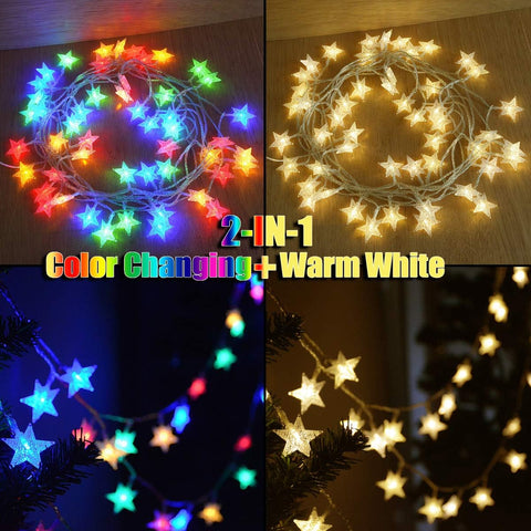 50 LED Star Fairy Lights – Battery Powered Colour Changing, Warm White & Multicoloured String Lights with Remote Control, Timer & IP65 Waterproof Design for Indoor & Outdoor Decorations
