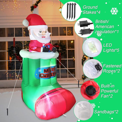 5FT Animated Inflatable Santa in Stocking, Automatic Pop Up & Down Christmas Outdoor Decoration with Built-in LED Lights for Yard, Lawn & Garden Holiday Display