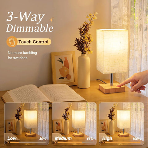 Small Touch Linen Dimmable Bedside Table Lamp – 3 Brightness Levels, E27 LED Warm White Light for Bedroom & Study