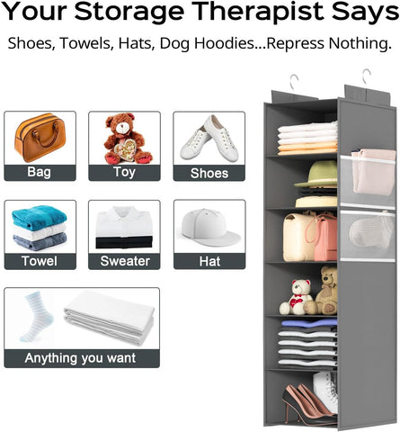 Extra Deep 6-Shelf Hanging Wardrobe Organiser, Grey – Heavy-Duty Foldable Clothes Storage with 4 Large Mesh Pockets