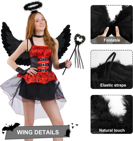 Newthinking Black Angel Wings Costume Set with Halo & Wand – Feather Angel Wings for Halloween Fancy Dress, Cosplay, Parties & Photoshoots