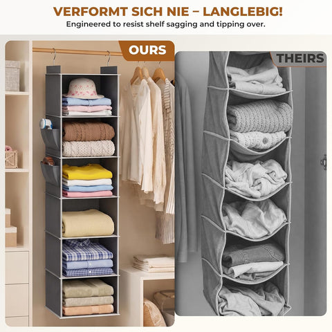 Yirilan 6-Shelf Hanging Wardrobe Organiser with 2 Side Pockets – Foldable Clothes Storage for a Tidier Home