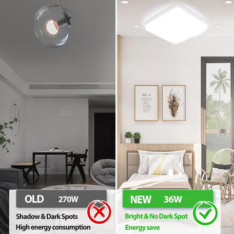 Led Ceiling Light 36W Bathroom Lights Ceiling Square 6500K Daylight Modern White 3240LM Bright IP44 Waterproof Flush Mounted Lighting Fixture for Bedroom Living Room Kitchen Ultra Thin [Energy Class E]