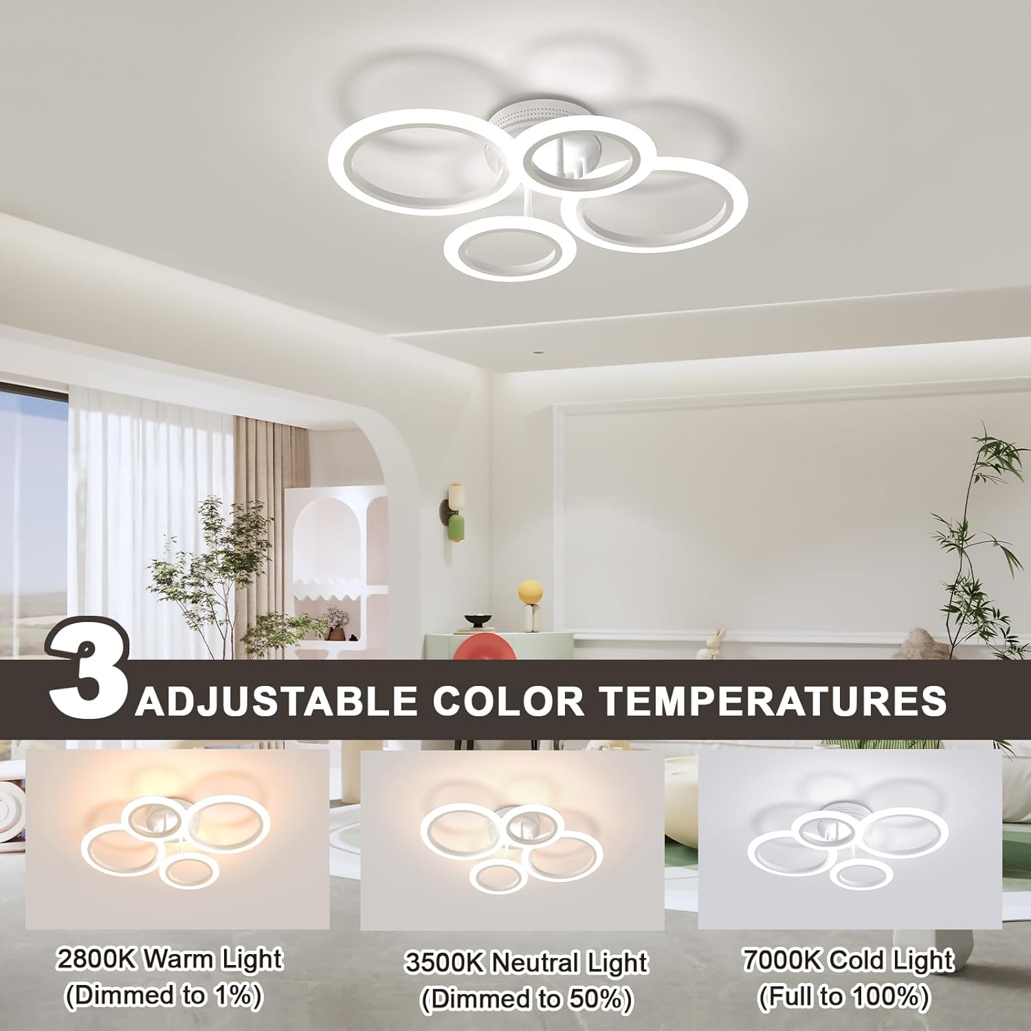Ceiling light fixture with adjustable color temperature options in a modern interior setting.