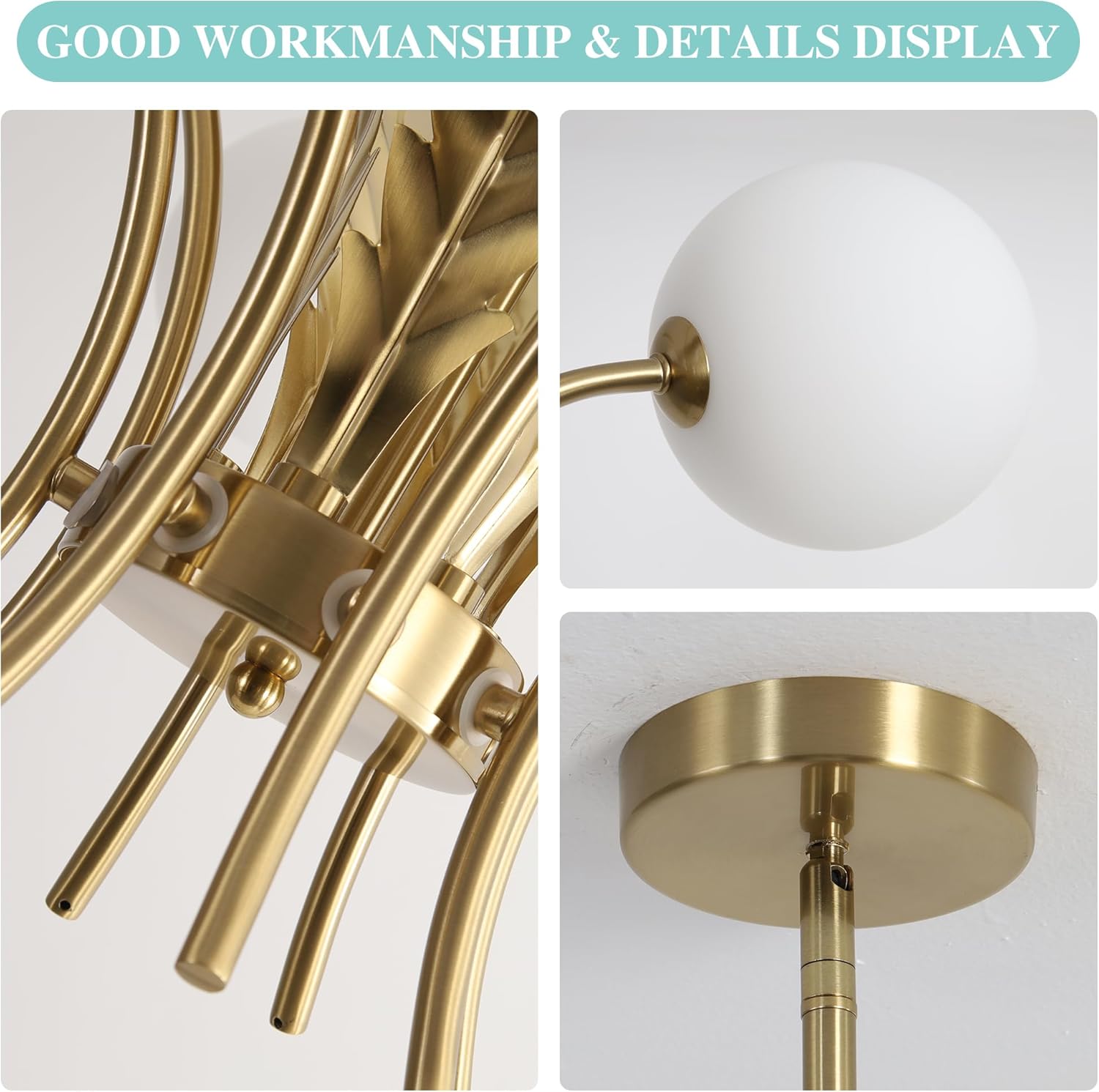 Gold ceiling light fixture with close-up details on a white background
