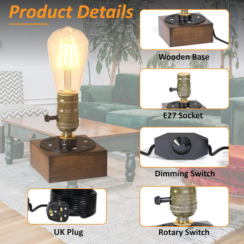Bonlux Industrial Table Lamp – Dimmable E27 Steampunk Desk Lamp with Touch Control, Brown Wooden Base for Bedroom, Study & Living Room